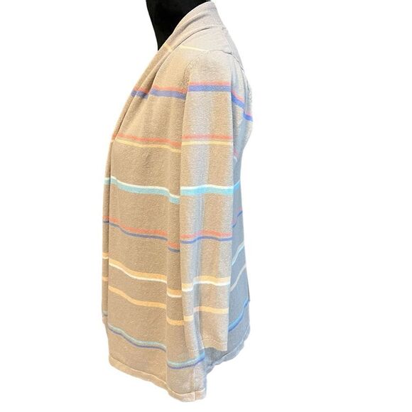 J. Jill Linen Blend Open Front Ladies Cardigan Women’s Tan Stripe Med Petite - Picture 2 of 8